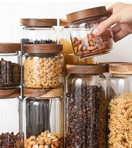 Stackable glass jars with acacia wood lid